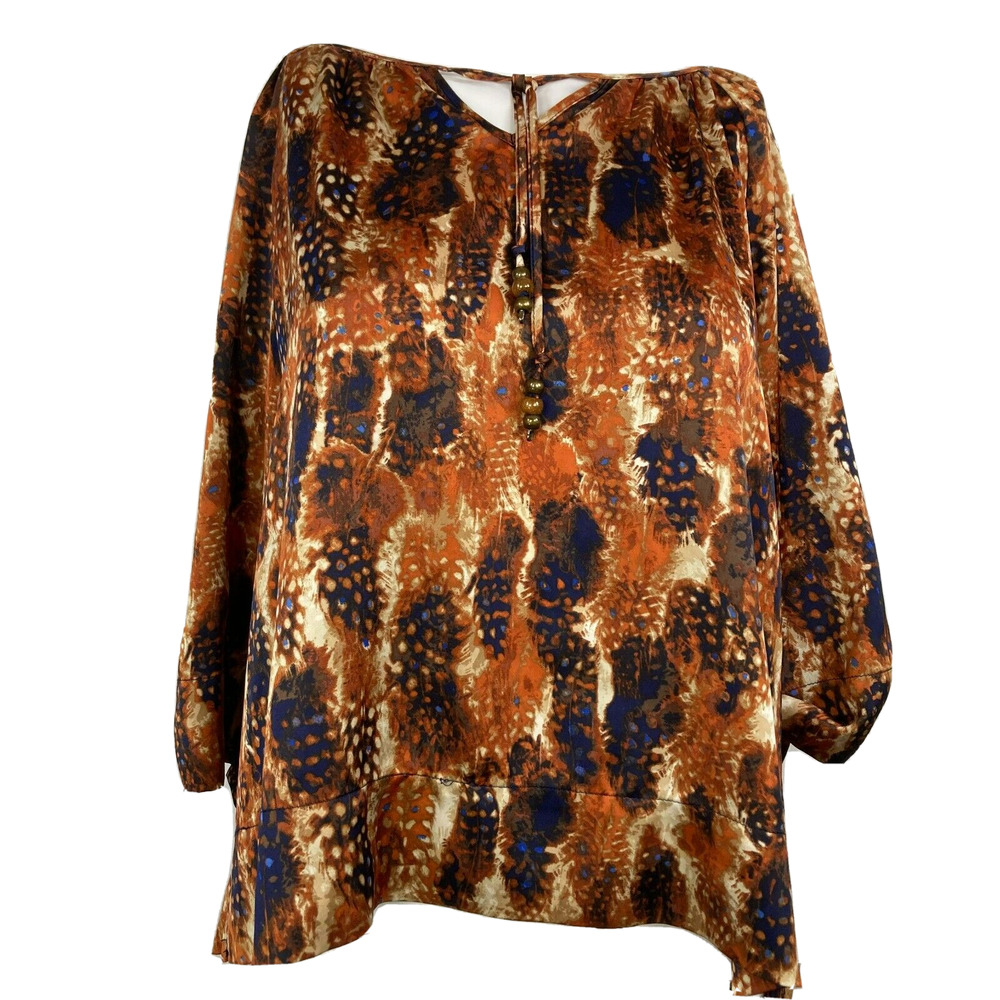 Ruby Rd Shirt Womens 10P Petite Orange Navy Blue Floral Blouse Top Stretch Silky